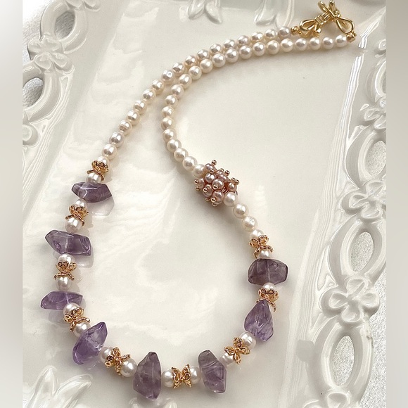 GP47-Handmade Natural Amethyst And Natural Freshwater Baby Pearl Necklace - Picture 6 of 13